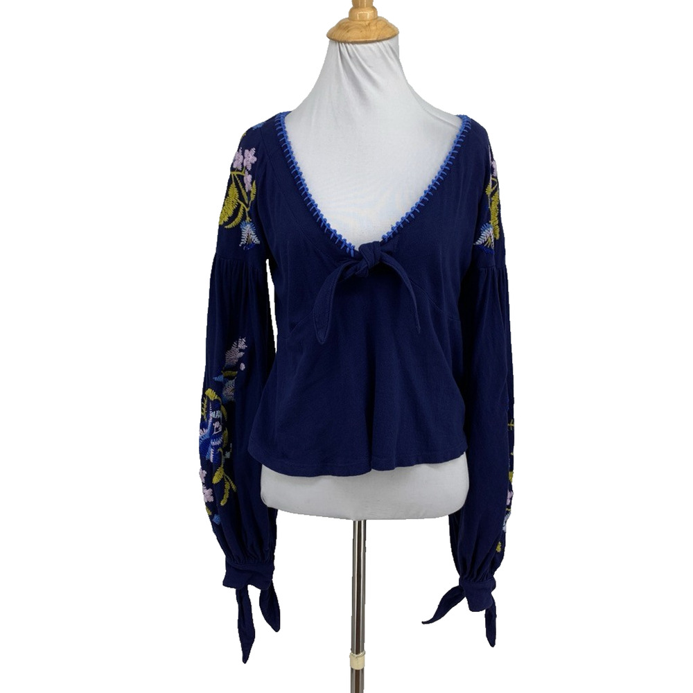 Free People Blouse Womens XS Extra Small Kara Embroidered Knotted Crop Tie Cuffs